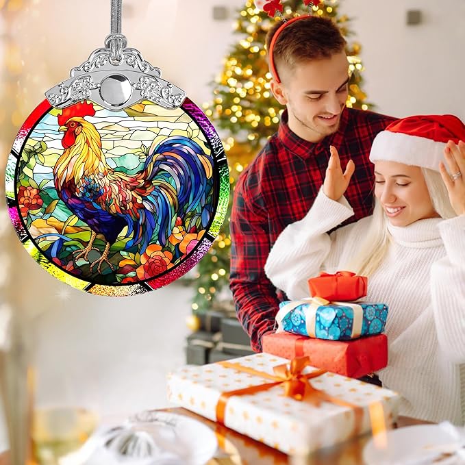 Jocidea Glass Chicken Christmas Ornament, Semi Transparent Stained Glass Ornament, Colorful Festive Decor for Holidays and Gifts