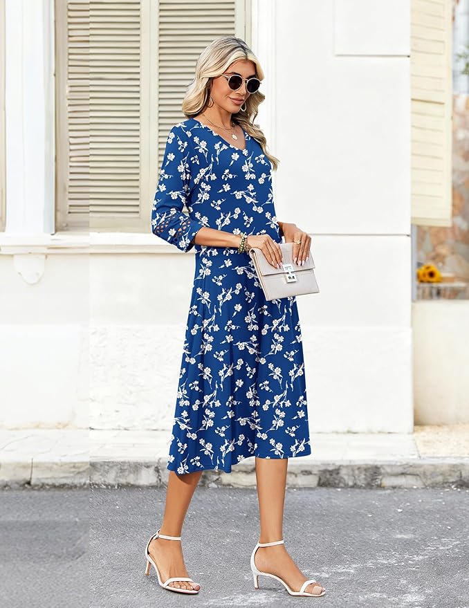 Zeagoo Women's Dresses 3/4 Sleeve Summer Casual V-Neck A Line Flowy Eyelet Midi Dress for Women Beach Vacation Sundress