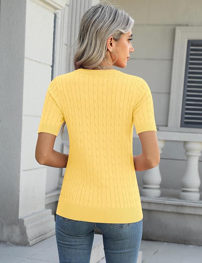 Micoson Womens Short Sleeve Cable Knit Sweater Tops Crewneck Lightweight Spring Summer Shirts Business Dressy Casual Outfits