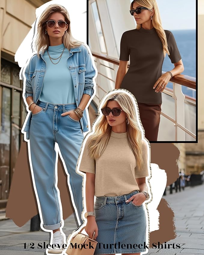 Ficerd 3 Pack Women's 1/2 Sleeve Mock Turtleneck Shirts, Elbow Length Shirt Half Sleeve Tunic Top Casual Summer Basic Tees