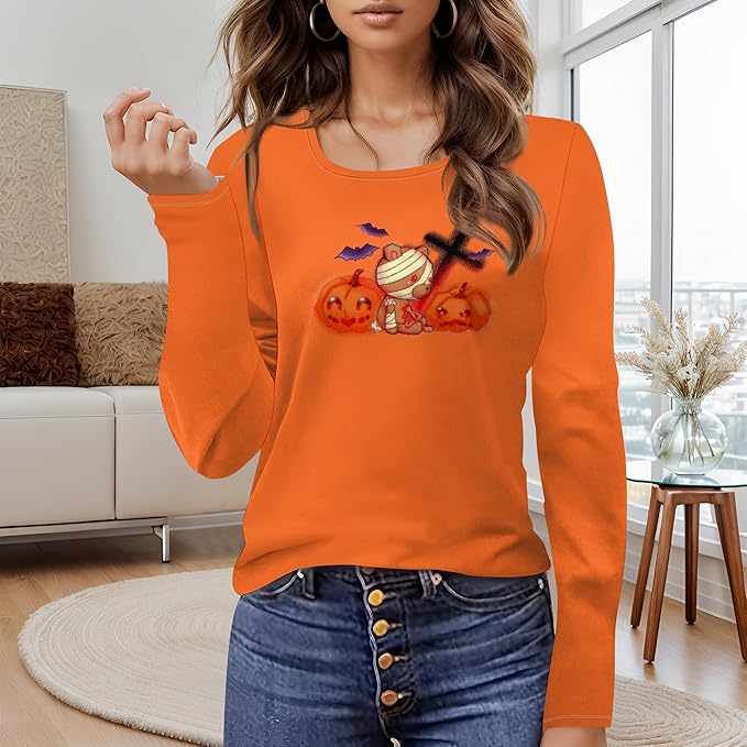 domirica Halloween Sweatshirts For Women Cute Pullover Fall Long Sleeve Pullover U-Neck Halloween Crazy Party Club Clothes