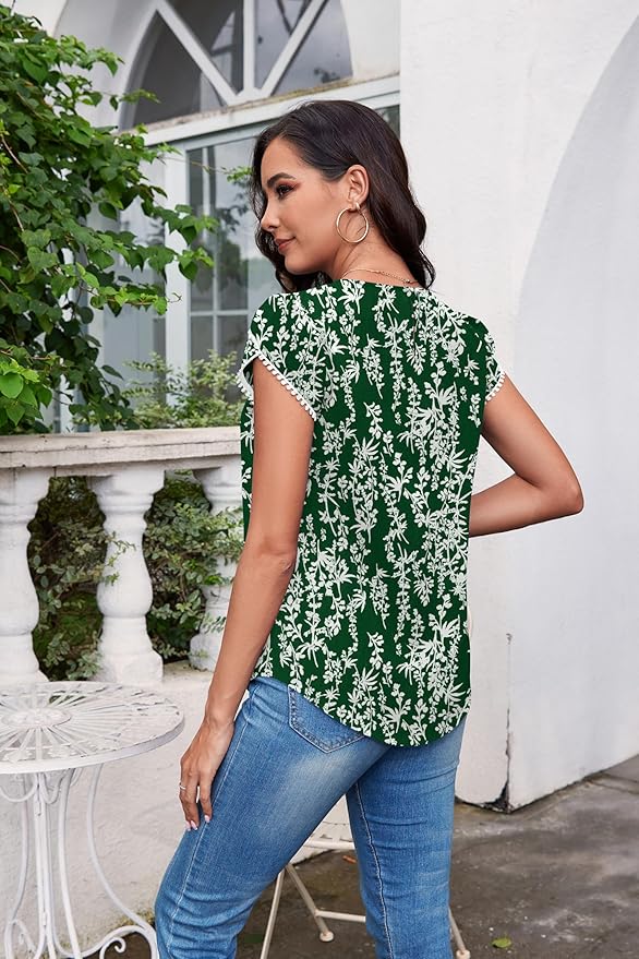 TASAMO Women's Casual Round Neck Basic Pleated Top Cap Sleeve Curved Keyhole Back Chiffon Blouse