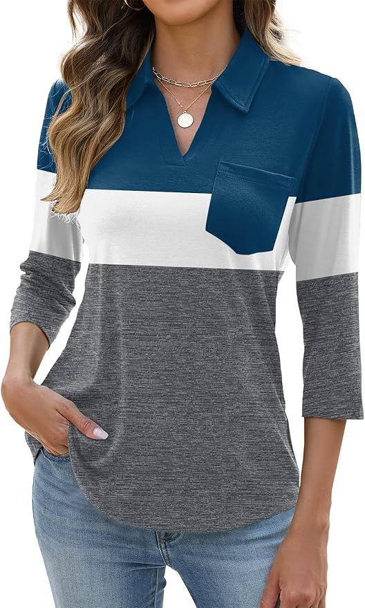 AKEWEI Womens 3/4 Length Sleeve Tops V Neck Casual Basic Tees Work Polo Shirts Collared Summer Top with Front Pocket