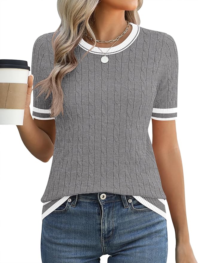 Micoson Womens Short Sleeve Cable Knit Sweater Tops Crewneck Lightweight Spring Summer Shirts Business Dressy Casual Outfits