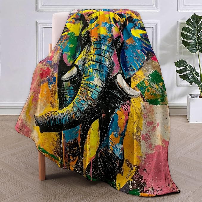 Elephant Painting Blanket, Colorful Elephant Flannel Throw Blankets,Soft Warm Lightweight Cozy Plush Animal Throws for Bedroom Sofa Office Home Decor Gifts for Women Kids 80"x60"