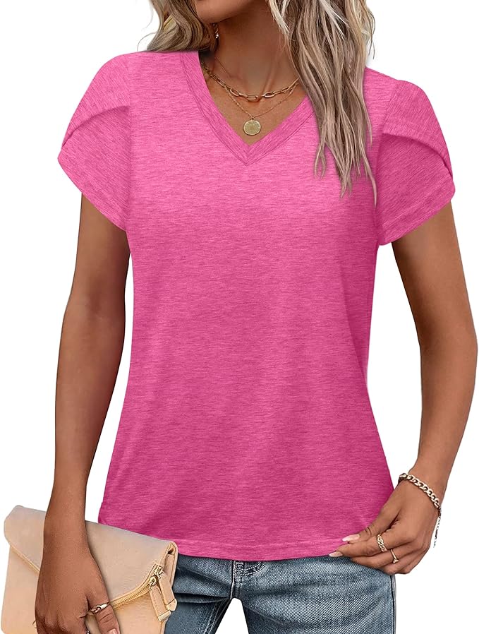 WIHOLL Womens Tops V Neck Summer Petal Sleeve Casual Tshirts
