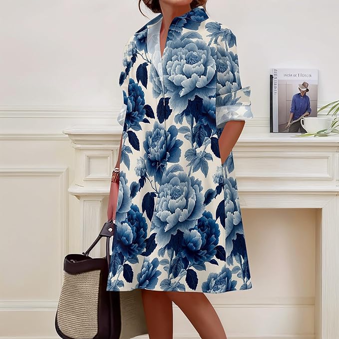Shirt Dresses for Women 2025 Summer Long Sleeve Casual Plus Size Floral Printed Beach Vacation Dress with Pockets
