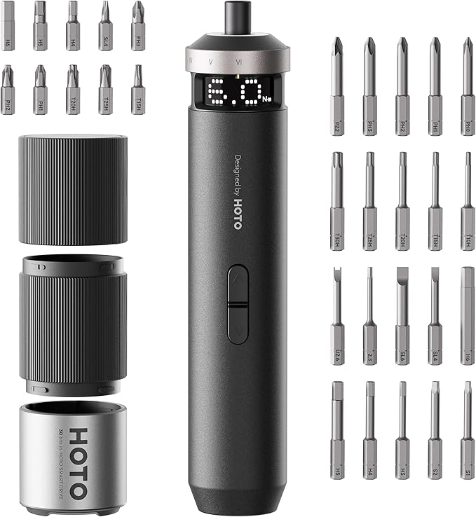 HOTO PixelDrive Electric Screwdriver, Smart Display, 6 Torque Settings, 0.5 to 6 N·m, 1/4'' Hex 30 Bits, LED Light, 2000 mAh Rechargeable Cordless Screwdriver Set for Electronics, Home Repair