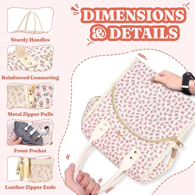 Lunch Bag Women Insulated Lunch Box Wide-Open Lunch Tote Bag Large Drinks Holder Durable Nylon Thermal Snacks Organizer for Men Adults Work Picnic Hiking Beach Fishing, Blue Flower
