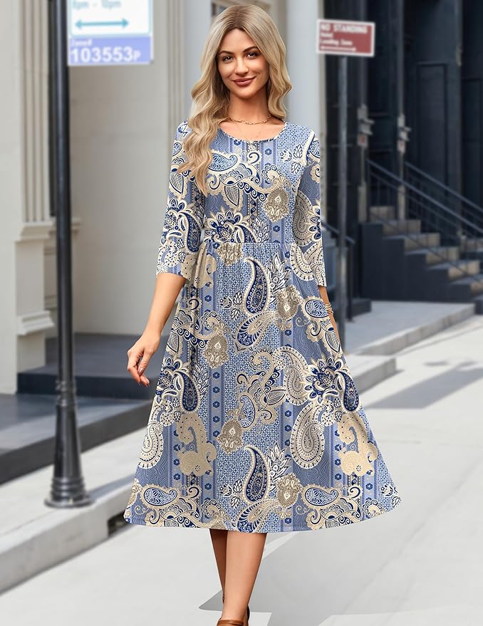 Zeagoo 3/4 Sleeve Women's Dress Casual Flowy A-Line Midi Tshirt Dresses with Pockets Crewneck Vocation Boho Beach Sundress