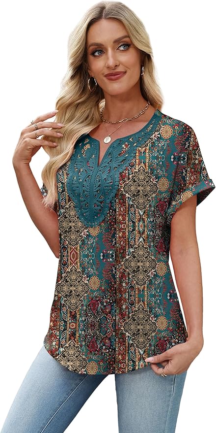 Sipaya Womens Blouses Dressy Casual Summer Shirts Short Sleeve Lace Front Boho Tunic Tops for Leggings Fashion Clothes
