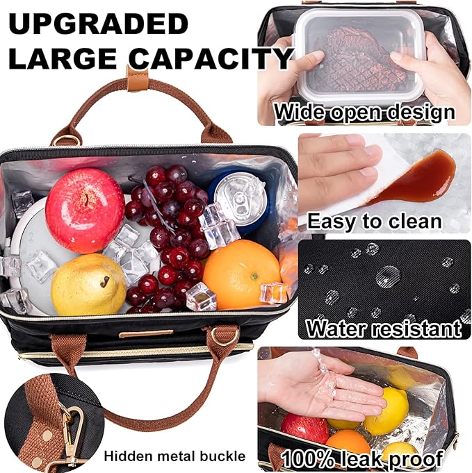 AIJIEKE Lunch Bag for Women, Leakproof & Insulated Work Lunch Box Tote, Reusable Adult Cooler Bag with Water Bottle Side Pocket & Removable Shoulder Strap, Black
