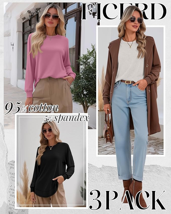 Ficerd 3 Pack Women's Long Sleeve Shirts, Cotton Crew Neck Tunic Tops Casual Loose Fit Pullover Sweatshirts Curved Hem Shirts