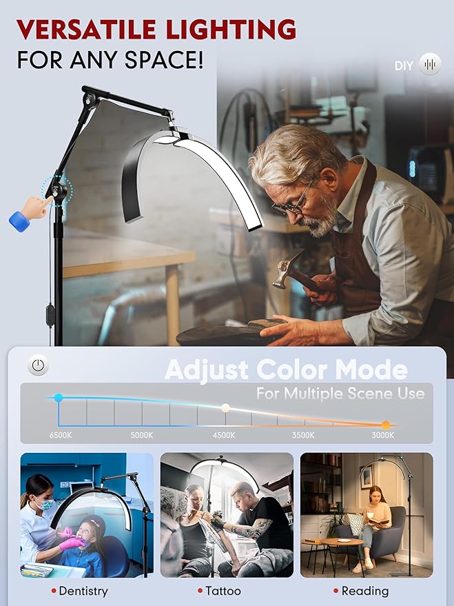 KARITE Half Moon Light for Lash Tech, LED Floor Lamp for Eyelash Extensions with Phone Holder, Adjustable Angle(3 Joints) & Height Desk Lamp for Nail Tch, 3000-6500K for Reading Makeup Tattoo