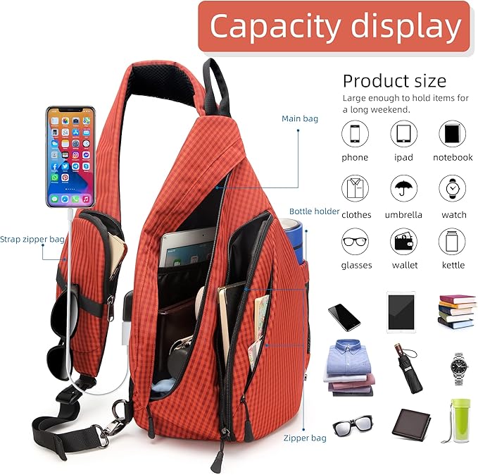 TurnWay Water-Proof Sling bag/Crossbody Backpack/Shoulder Bag with USB Charging Port for Travel, Hiking, Cycling, Camping