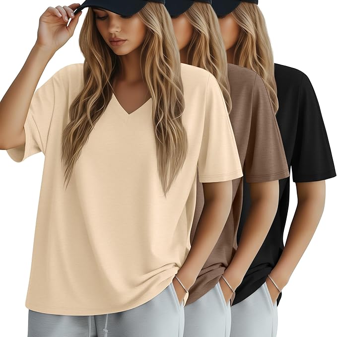 Huukeay Women's Cotton Oversized T Shirts 3 Pack V Neck Loose Fit Half Sleeve Tops Baggy Casual Summer Gym Workout Tees 2026