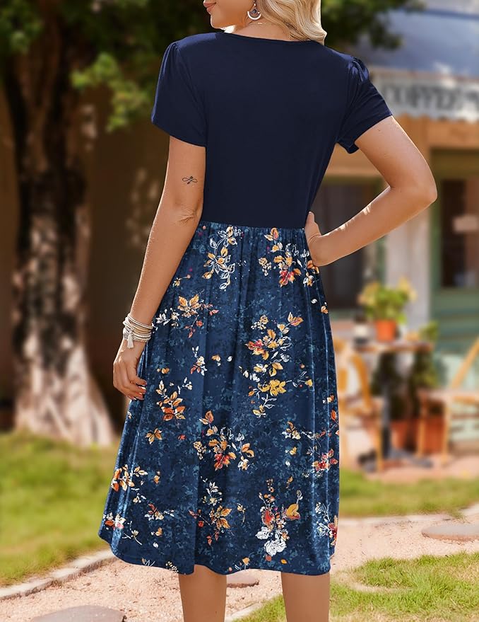 Zeagoo Womens Midi Dress Summer Short Sleeve Dress with Pockets 2025 Casual Floral T-Shirt Dress Flowy Beach Sundress