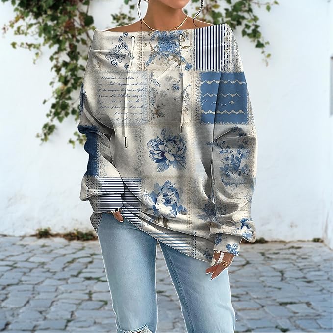 Womens Sweatshirts Floral Print Sexy Off The Shoulder T Shirts Oversized Long Sleeve Pullover Fall Tops