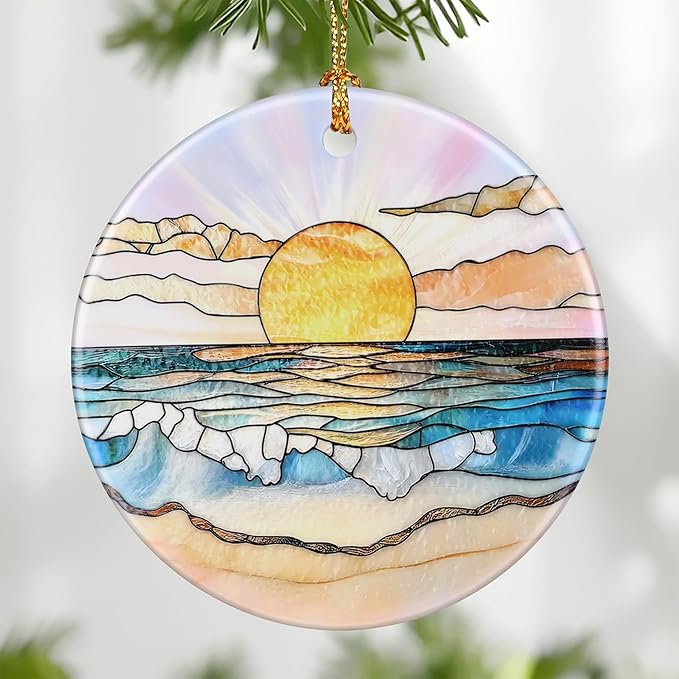 Beach Sunset Ornament, Christmas Ornament – Christmas Tree Decor, Holiday Decoration, Stocking Stuffer, Festive Gift Idea, Gifts for Beach Lover, Ocean Lover, Friends, and Family