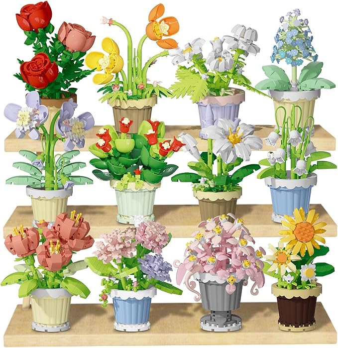 PQKIE 12 Pcs Flowers Bouquet Building Set,2531 Pcs Flower Botanical Collection Building Block Toy,Micro Plant for Home or Office Decor, Mother's Day Valentine Christmas Birthday Gifts for Adults,Girls