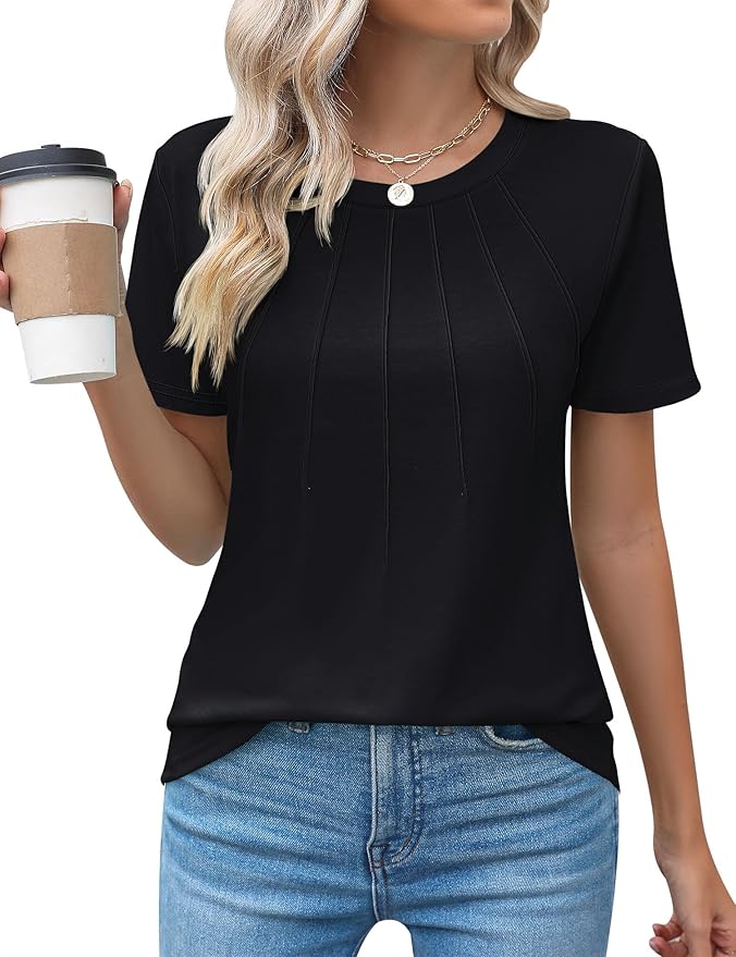 Kistore Womens Casual Crew Neck Short Sleeve Pleated Tops Blouses Fashion Clothes 2026