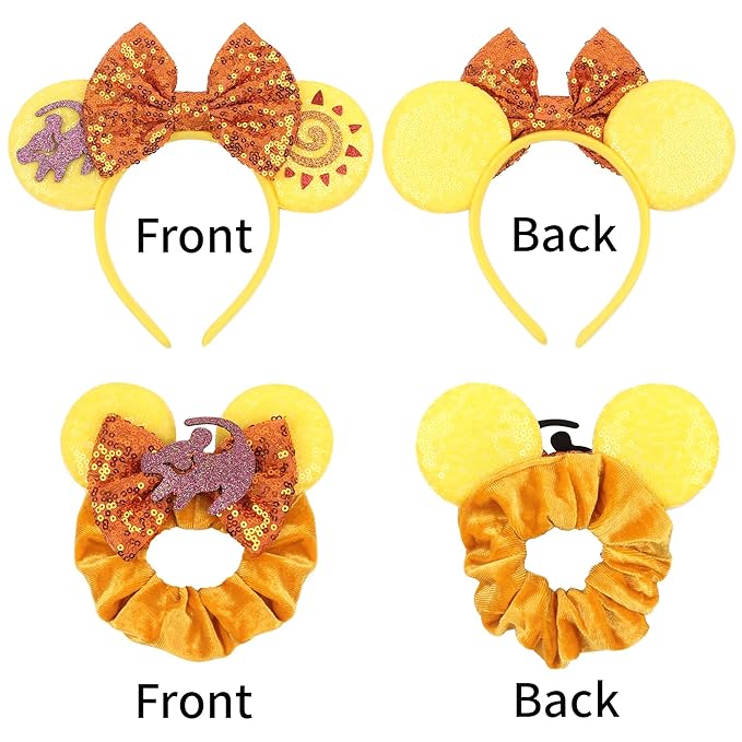 zhezesmila Lion Animal Kingdom Mouse Ears Bow Headband with Scrunchies Rainbow Sparkle Mouse Headband Hair Accessories for Women