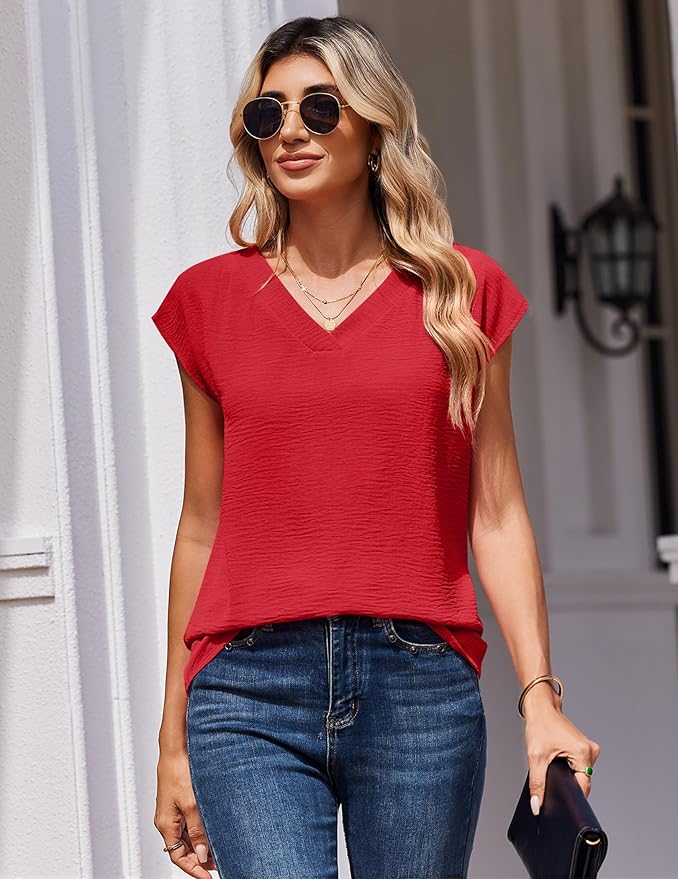 Zeagoo Womens Tops Cap Short Sleeve Textured Blouse V Neck Summer Spring Shirts Business Casual Outfits
