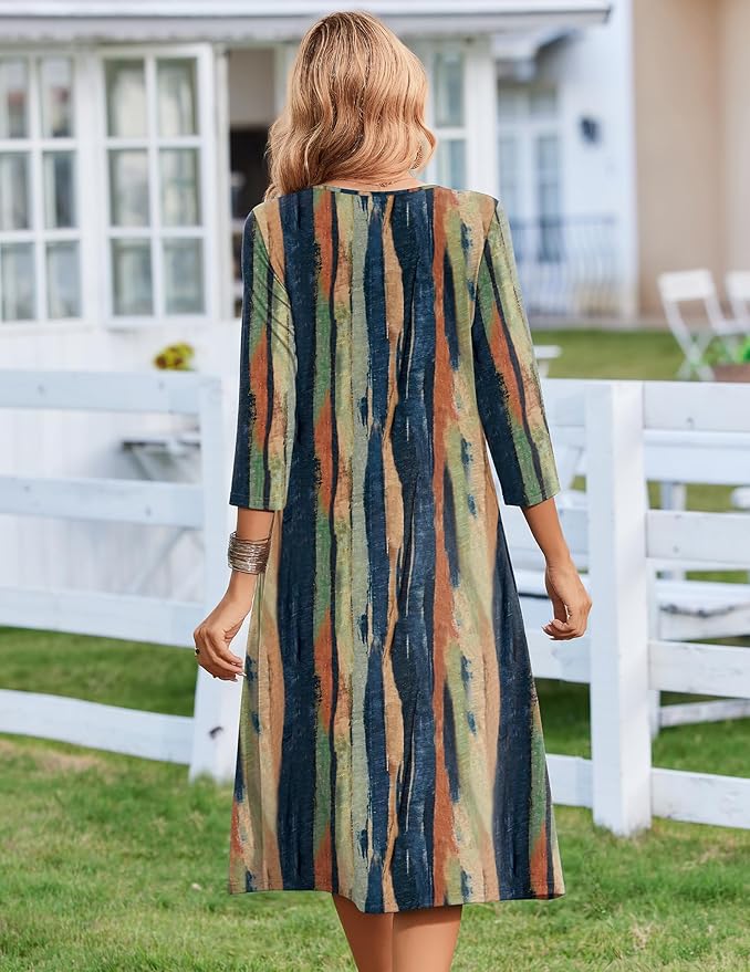 ZEAGOO 3/4 Sleeve Women's Dress Casual Flowy A-Line Midi Tshirt Dresses with Pocket Empire Waist Summer Boho Beach Sundress