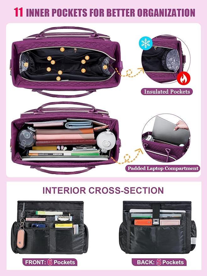 FIORETTO Teacher Tote Bag for Women with Laptop Compartment, Large Cup Holder, Zip Closure, Ideal for Work, Bible, Nurse