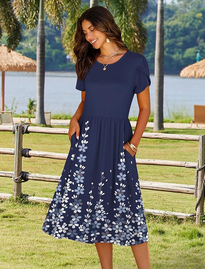 HOTOUCH Women's Summer A-Line Midi Dresses 2026 Casual Floral Short Sleeve T-Shirt Dress Flowy Beach Sundress with Pockets