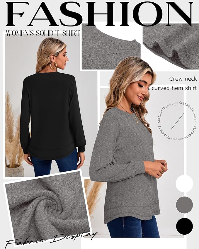 Ficerd 3 Pack Women's Long Sleeve Shirts, Cotton Crew Neck Tunic Tops Casual Loose Fit Pullover Sweatshirts Curved Hem Shirts