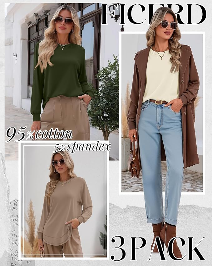 Ficerd 3 Pack Women's Long Sleeve Shirts, Cotton Crew Neck Tunic Tops Casual Loose Fit Pullover Sweatshirts Curved Hem Shirts