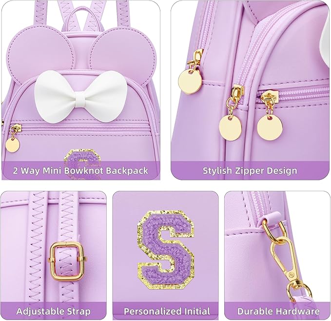 KKXIU Girls Initial Bowknot Cute Mini Backpack for Toddler, Travel Small Girl Backpacks, Personalized Valentine's Day Gifts for Little Girls and Kids(S, Purple)