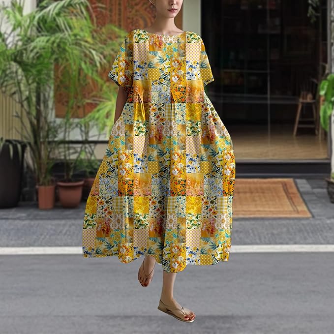MARSVOVO Patchwork Flowy Dresses for Women Plus Size Loose Casual Tunic Dress Elegant Crewneck Maxi Dresses with Pockets