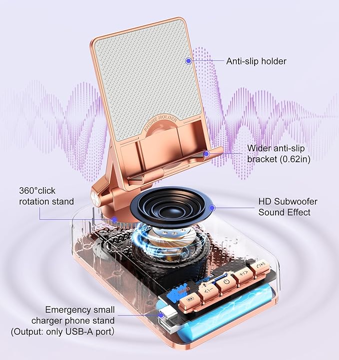 Gifts for Women Girls, Bluetooth Speaker Phone Stand with Charging Function 360° Rotable Adjustable Cell Phone Holder with HD Surround Sound for Desk Fits All Phones,Tablet (Rose Gold)