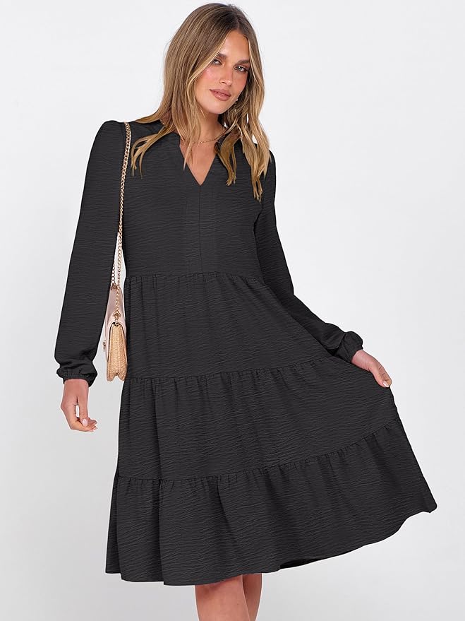 ANRABESS Womens Fall Midi Dresses Long Sleeve V Neck Swing Tiered Work Business Casual 2026 Flowy Beach Vacation Dress