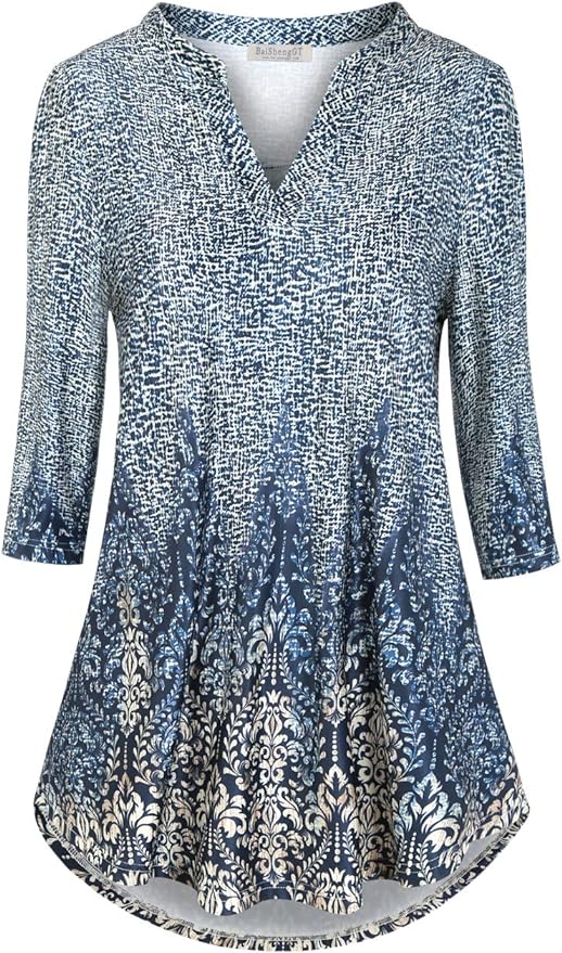 BAISHENGGT 3/4 Sleeve Tops for Women Notch V Neck Floral Work Blouses Dressy Casual Loose Fit Going Out Tunic Tops