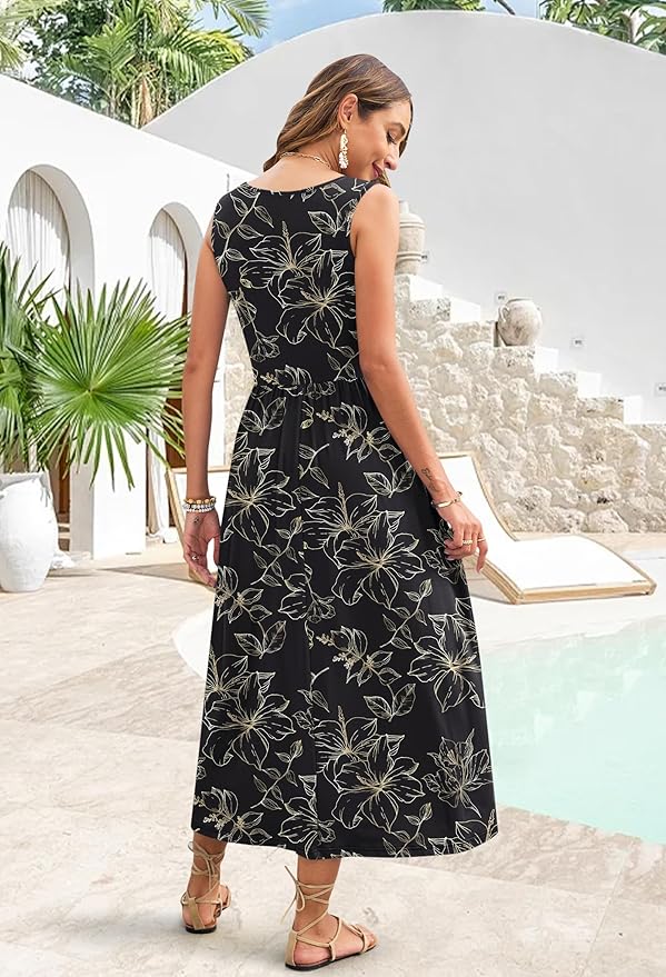 WNEEDU Women's Summer Maxi Dress 2026 Casual Sleeveless Hawaiian Sundress Tropical Long Dress Beach Vacation Outfit