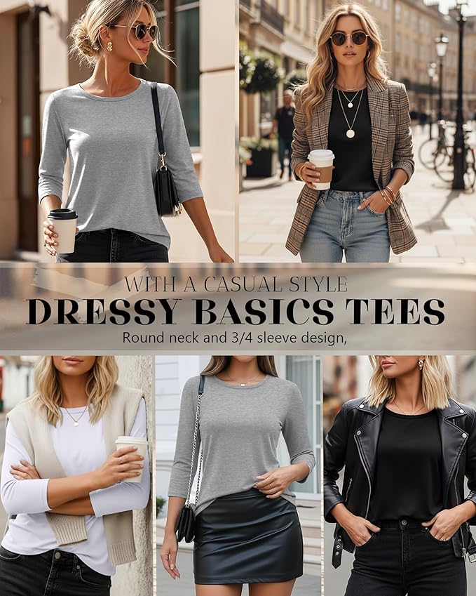 Ficerd 3 Pack 3/4 Sleeve Tops for Women Round Neck Dressy Basics Tees Casual Trendy Loose Fit T Shirts