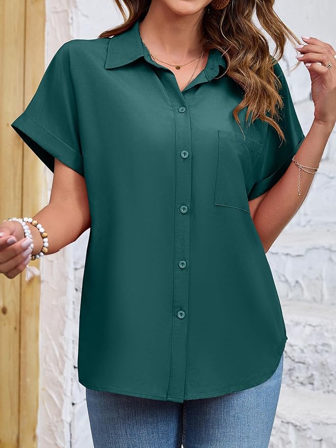 Womens Button Down Shirt Casual Short Sleeve Collared Work Blouse with Pocket