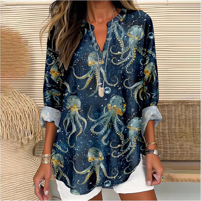 MARSVOVO V Neck Shirt For Women Boho Multi Style Blouse Long Sleeve Novelty Graphic Plus Size Pullover Tops For Women