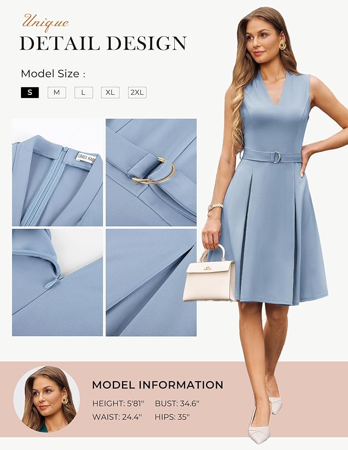 GRACE KARIN Work Dresses for Women 2026 V Neck Fit and Flare Midi Dresses Office Business Dress with Belt and Pockets