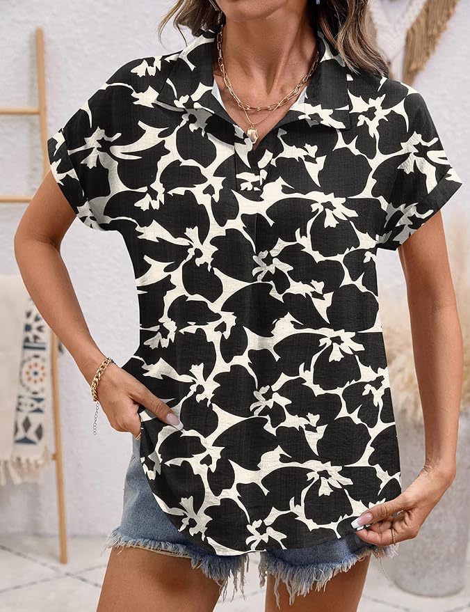 LOMON Women Blouses Spring Summer Tops for Women 2026 Short Sleeve V Neck Dressy Casual Collared Shirts Work Office