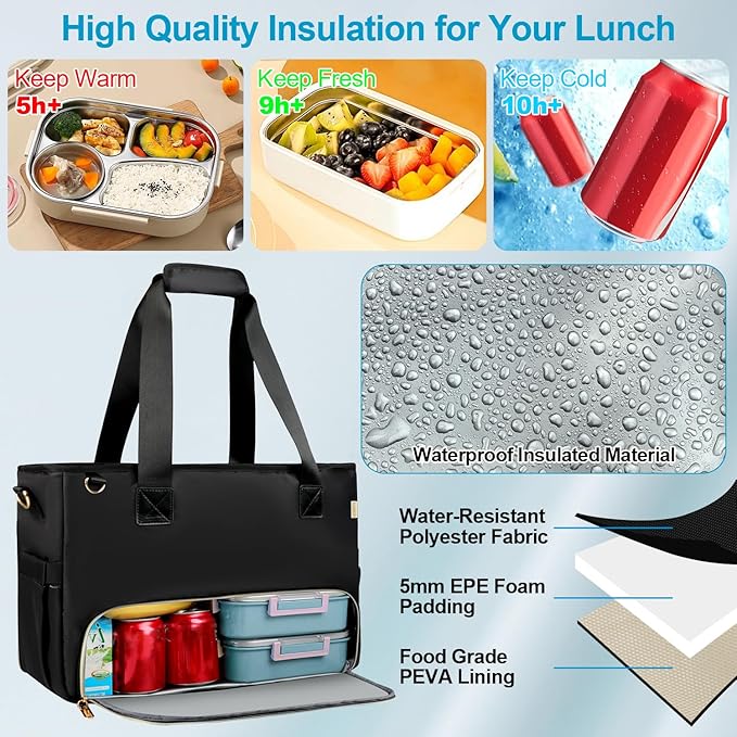 2-in-1 Laptop Tote Bag for Women with Big Insulated Lunch Compartment, Soft Nylon Work Tote Bag with 15.6 Inch Laptop Compartment& Cup Holder for Teacher Nurse Business Travel Daily (Black)
