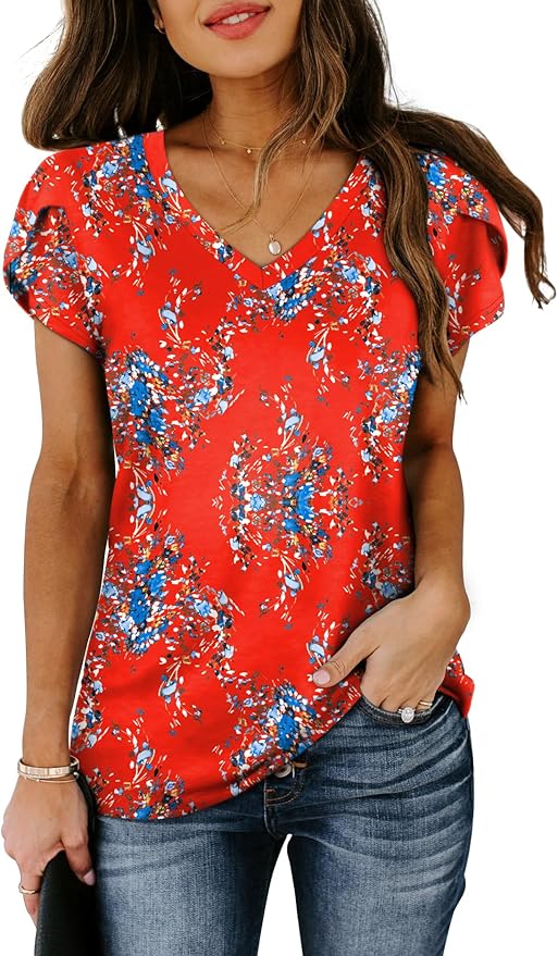 WIHOLL Womens Tops V Neck Summer Petal Sleeve Casual Tshirts