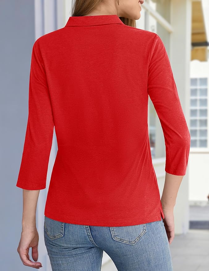 YUCOLEN Polo Shirts for Women 3/4 Sleeve Tops Golf Tees 5-Button Collared Cotton Shirt Business Casual
