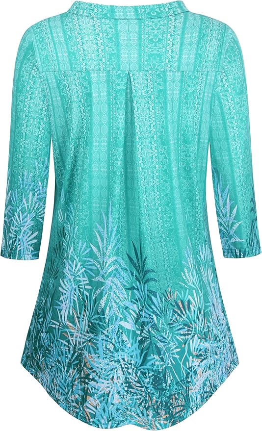 BAISHENGGT 3/4 Sleeve Tops for Women Notch V Neck Floral Work Blouses Dressy Casual Loose Fit Going Out Tunic Tops