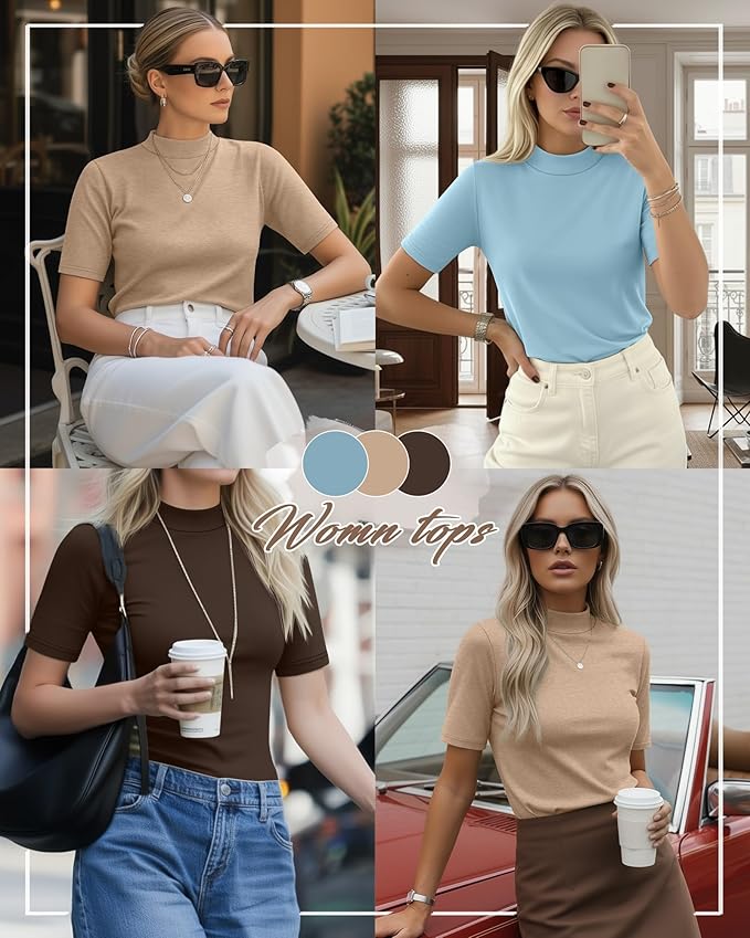 Ficerd 3 Pack Women's 1/2 Sleeve Mock Turtleneck Shirts, Elbow Length Shirt Half Sleeve Tunic Top Casual Summer Basic Tees