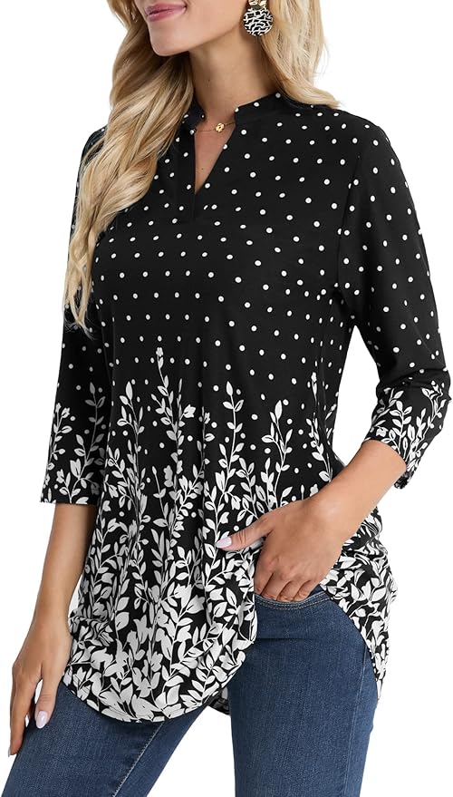 BAISHENGGT 3/4 Sleeve Tops for Women Notch V Neck Floral Work Blouses Dressy Casual Loose Fit Going Out Tunic Tops