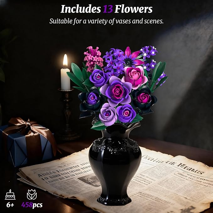 Teefrye Purple Rose Bouquet Building Set: Compatible with Lego Flowers for Adults Women Gothic Artificial Botanical Collection Halloween Christmas Valentine's Gifts Home Decor